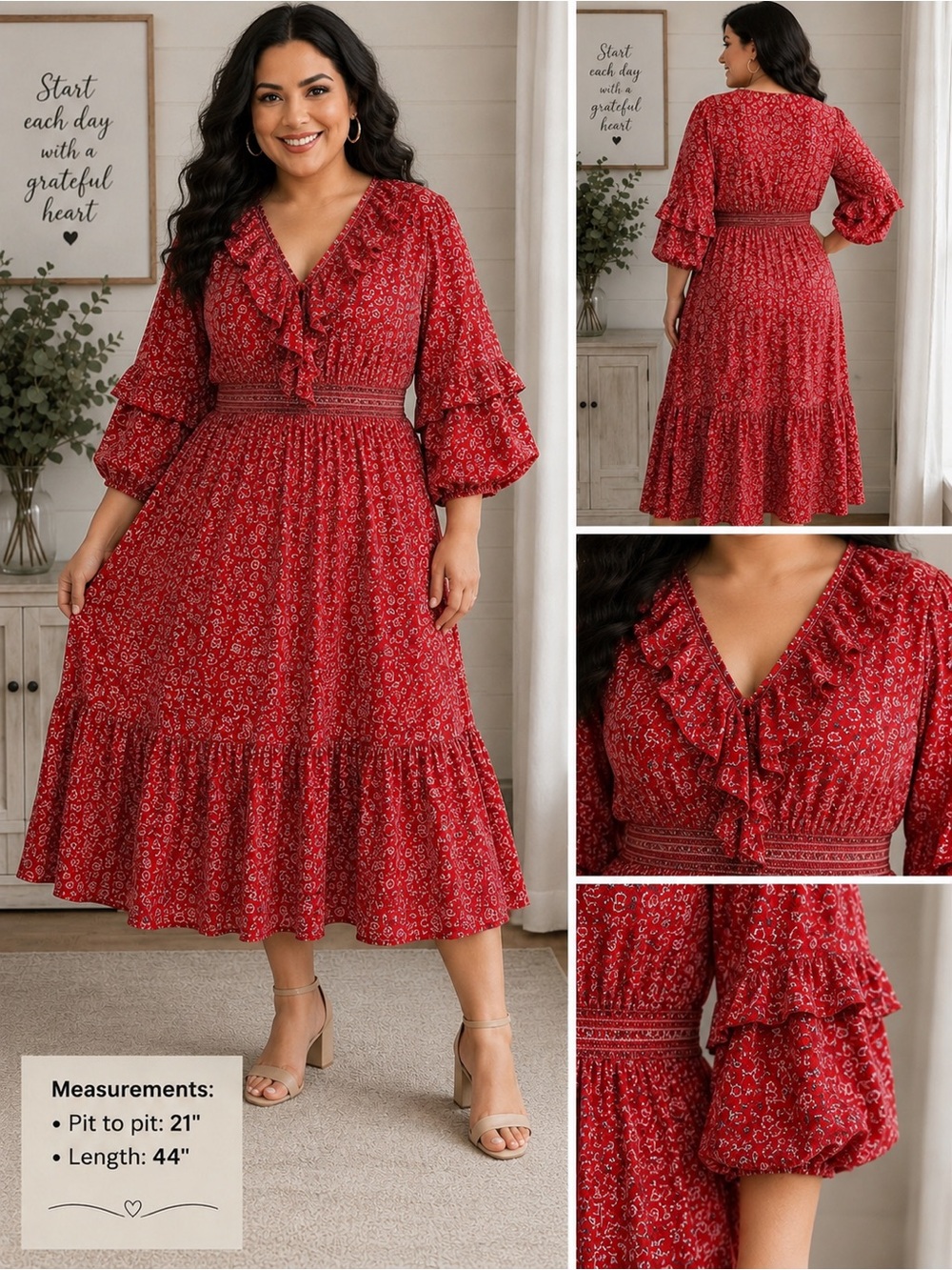 MAX STUDIO XL Red Floral Tiered Midi Dress